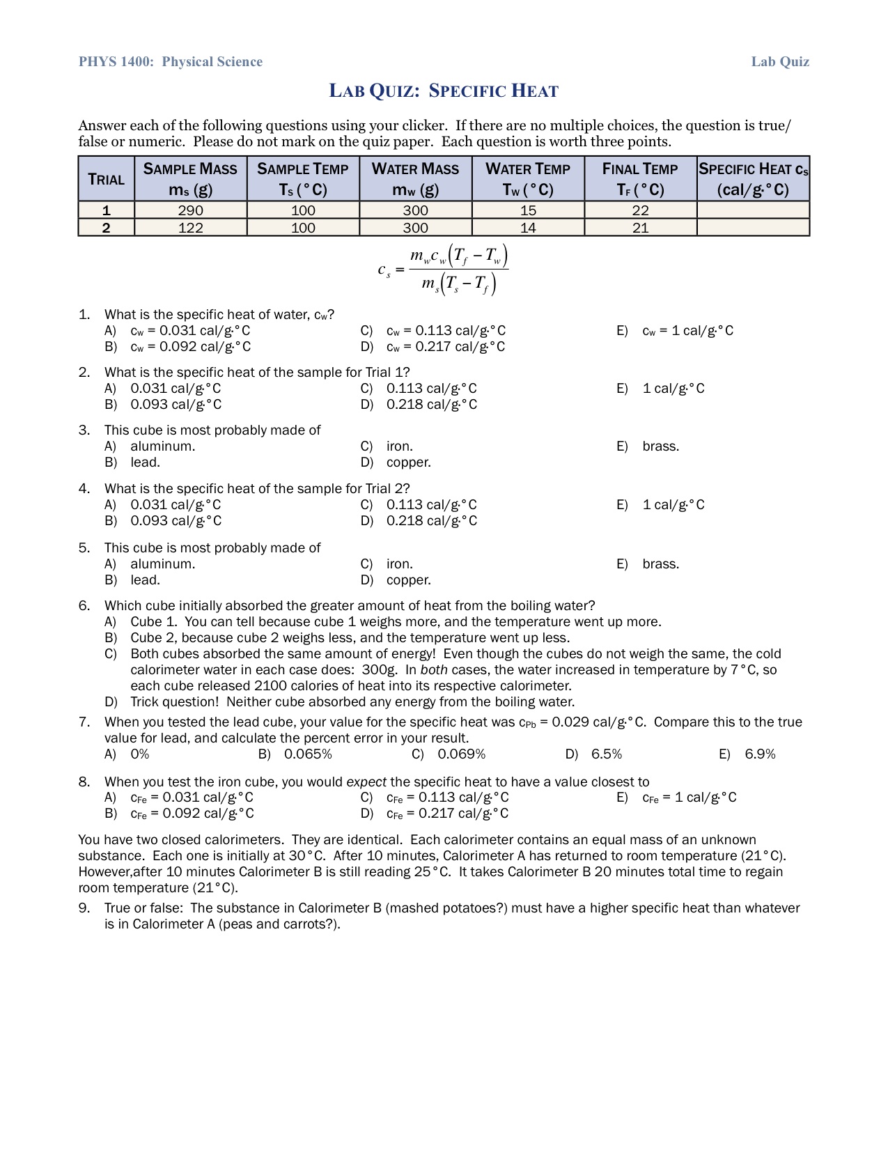 physics science lab questions