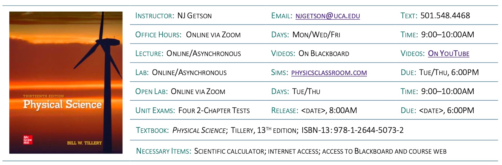 Table of course details and instructor contact information