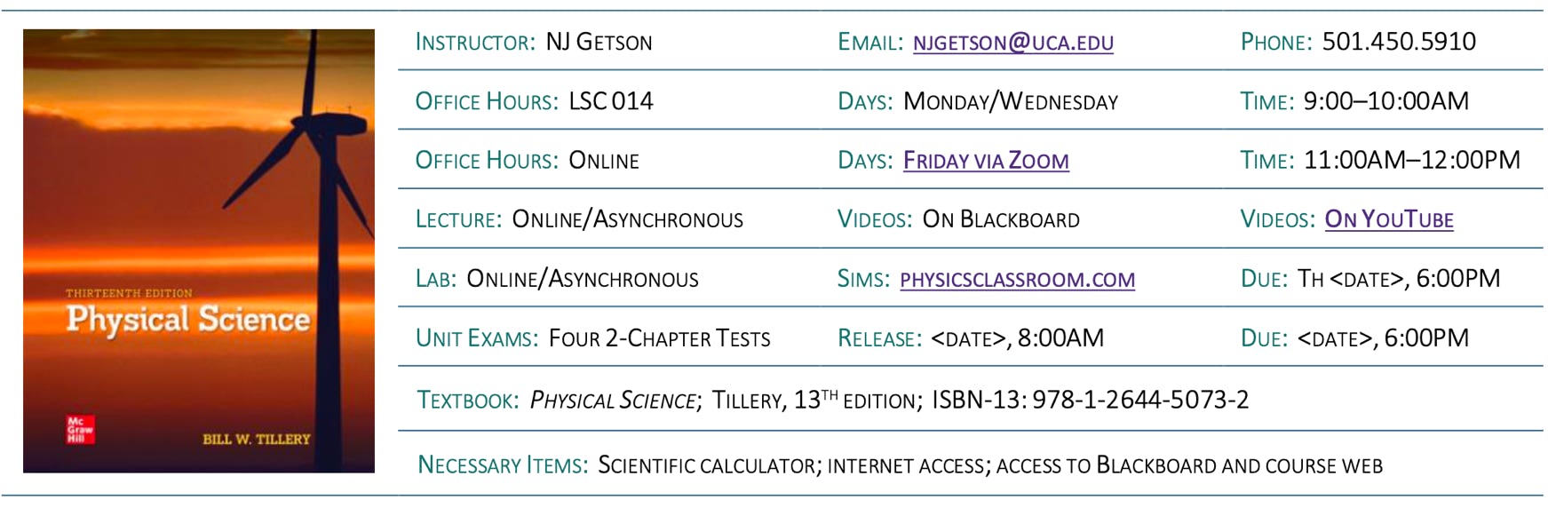 Table of course details and instructor contact information