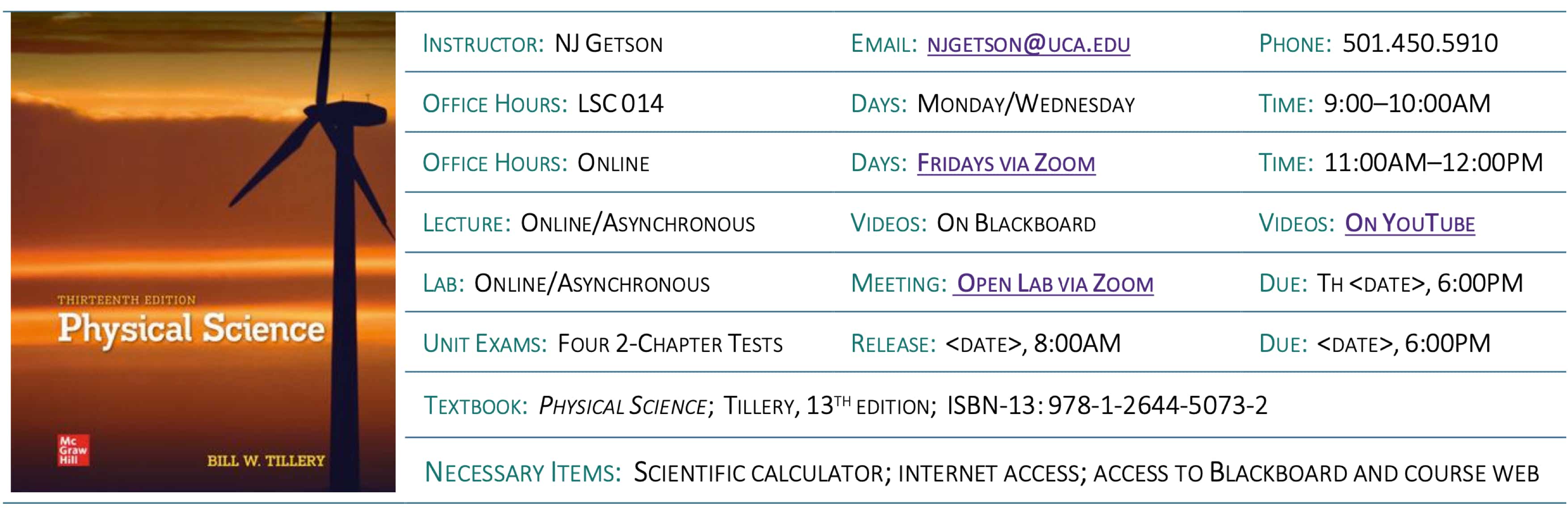 Table of course details and instructor contact information